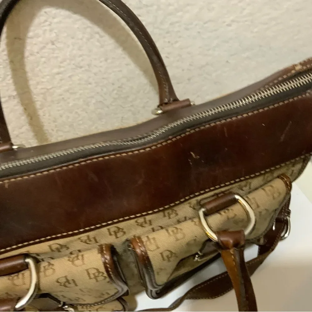 Dooney Bourke Monogram Signature Brown Textile Satchel Shoulder Bag  13x10x4